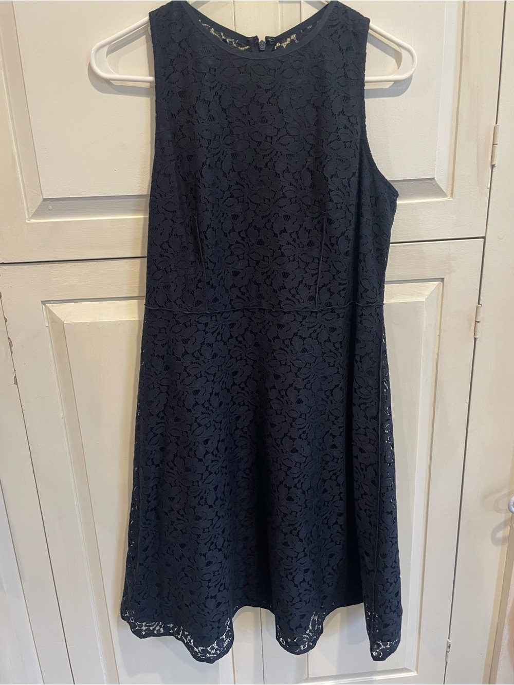 LOFT Navy Floral Lace Fit-and-Flare Midi Dress